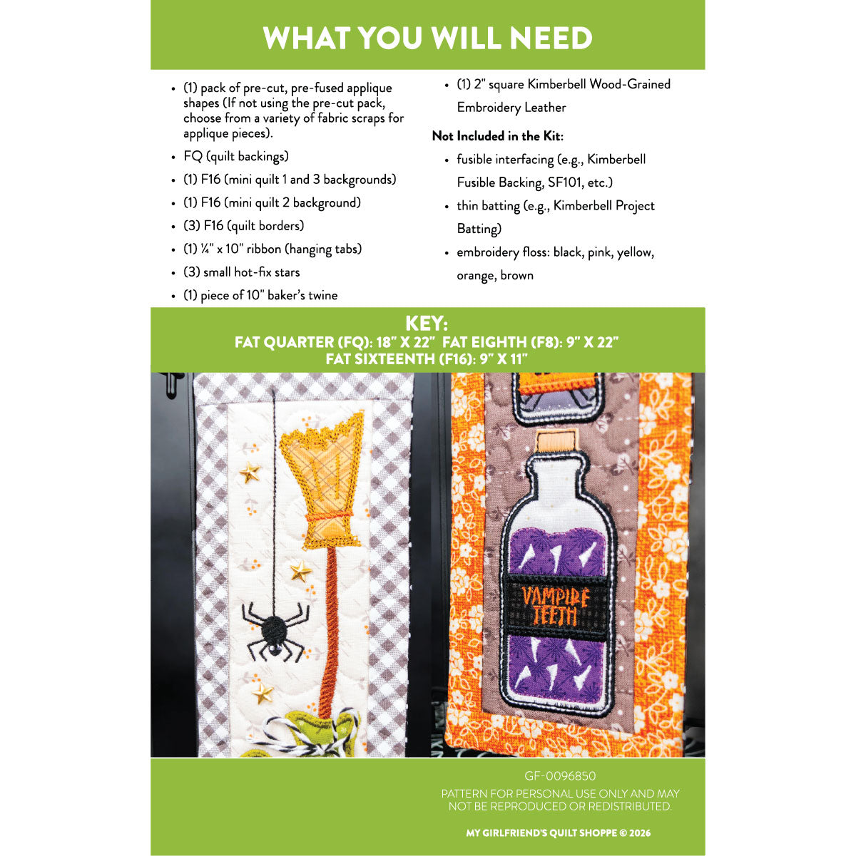 A pattern instruction sheet for 'Witch's Teeth' applique patches by Myrtle's Quilt Shop, detailing what is included in a $99 kit and providing a size key and fabric swatches.