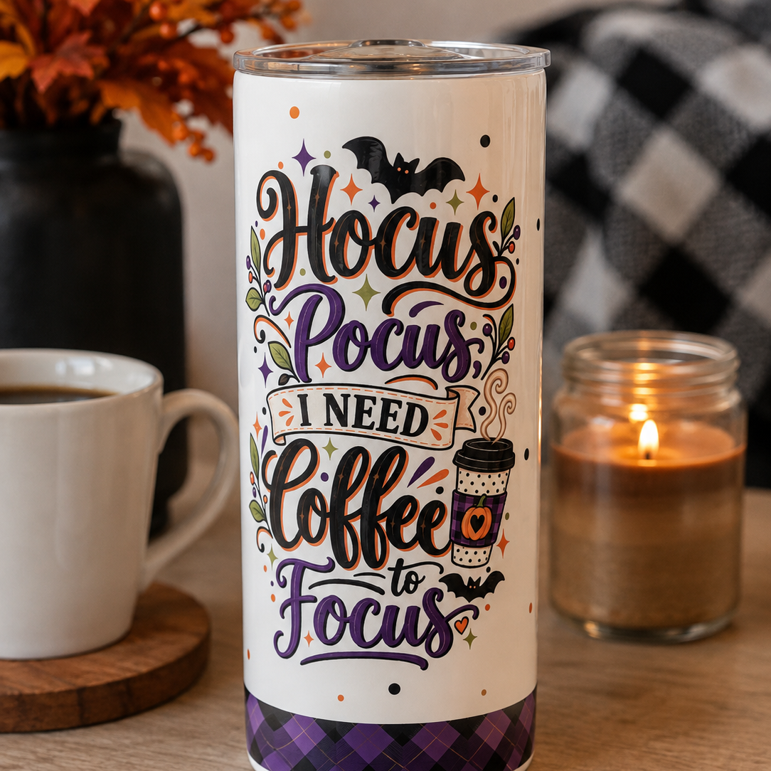 A white insulated tumbler with a clear lid sits on a wooden table, surrounded by a white coffee mug, a lit candle in a glass jar, and autumn decor. The tumbler features the phrase 'Hocus Pocus, I Need Coffee to Focus' in stylized lettering with bats, stars, and a purple plaid band at the bottom.