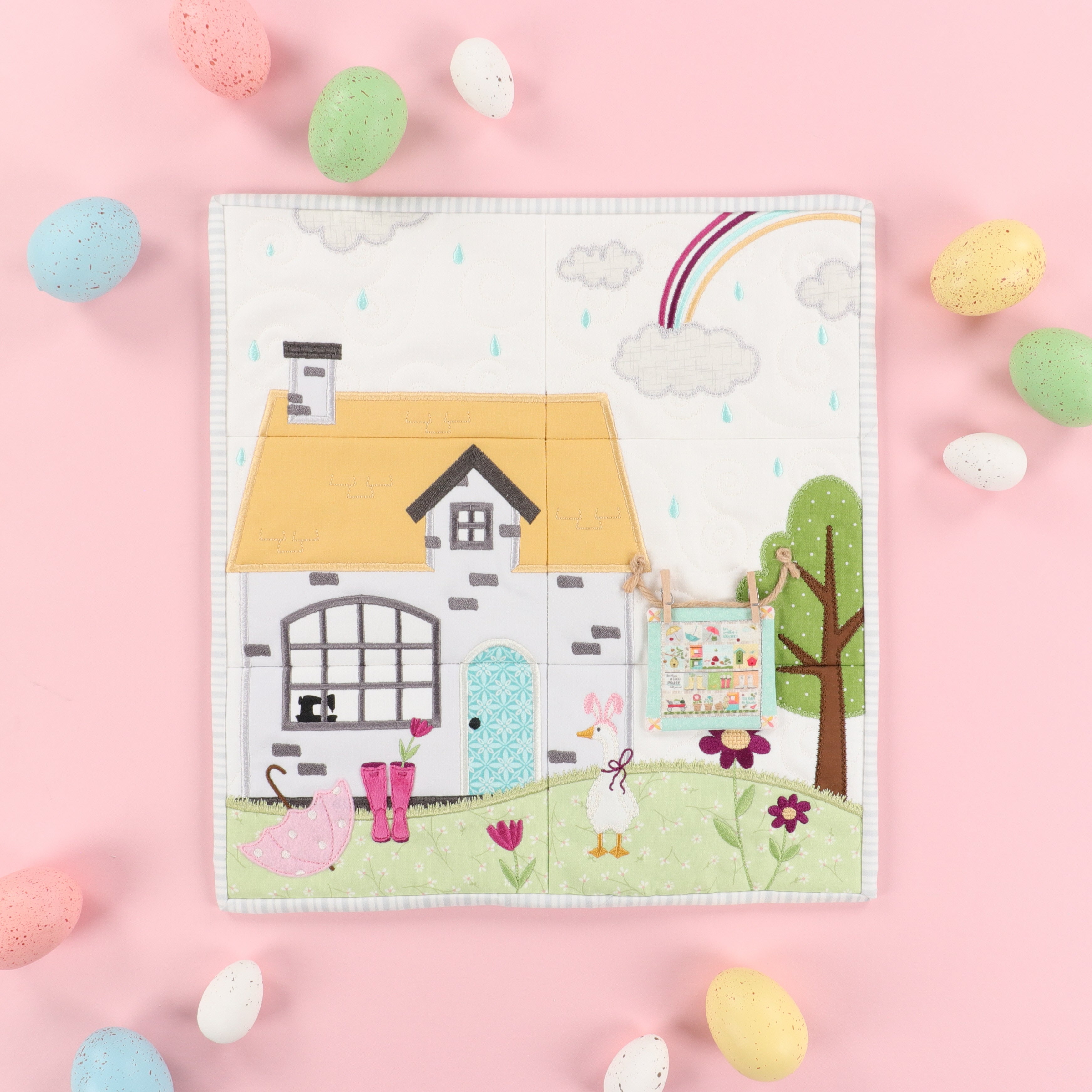 Children's puzzle with a house design on a pink background