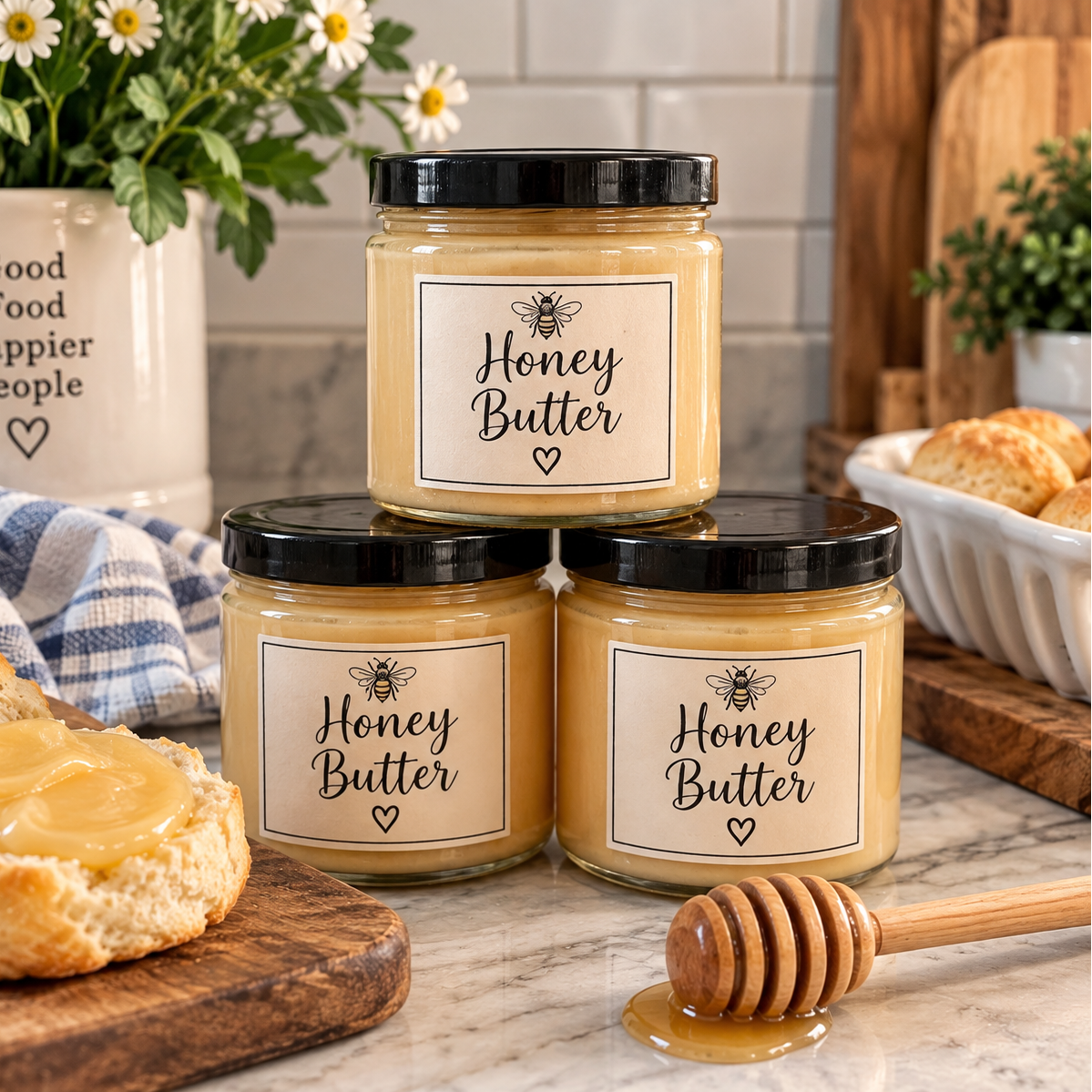 Three glass jars of honey butter with black lids and cream labels are stacked on a marble countertop in a kitchen setting, surrounded by bread, a honey dipper, and a flower pot.