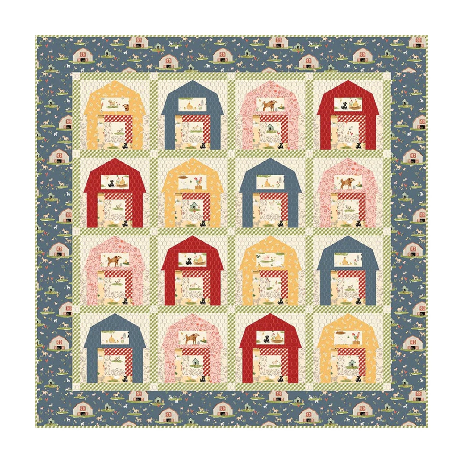 A square quilt or patchwork artwork featuring a grid of small barn-like houses in red, pink, yellow, and blue, surrounded by a blue border with tiny farmhouse motifs.
