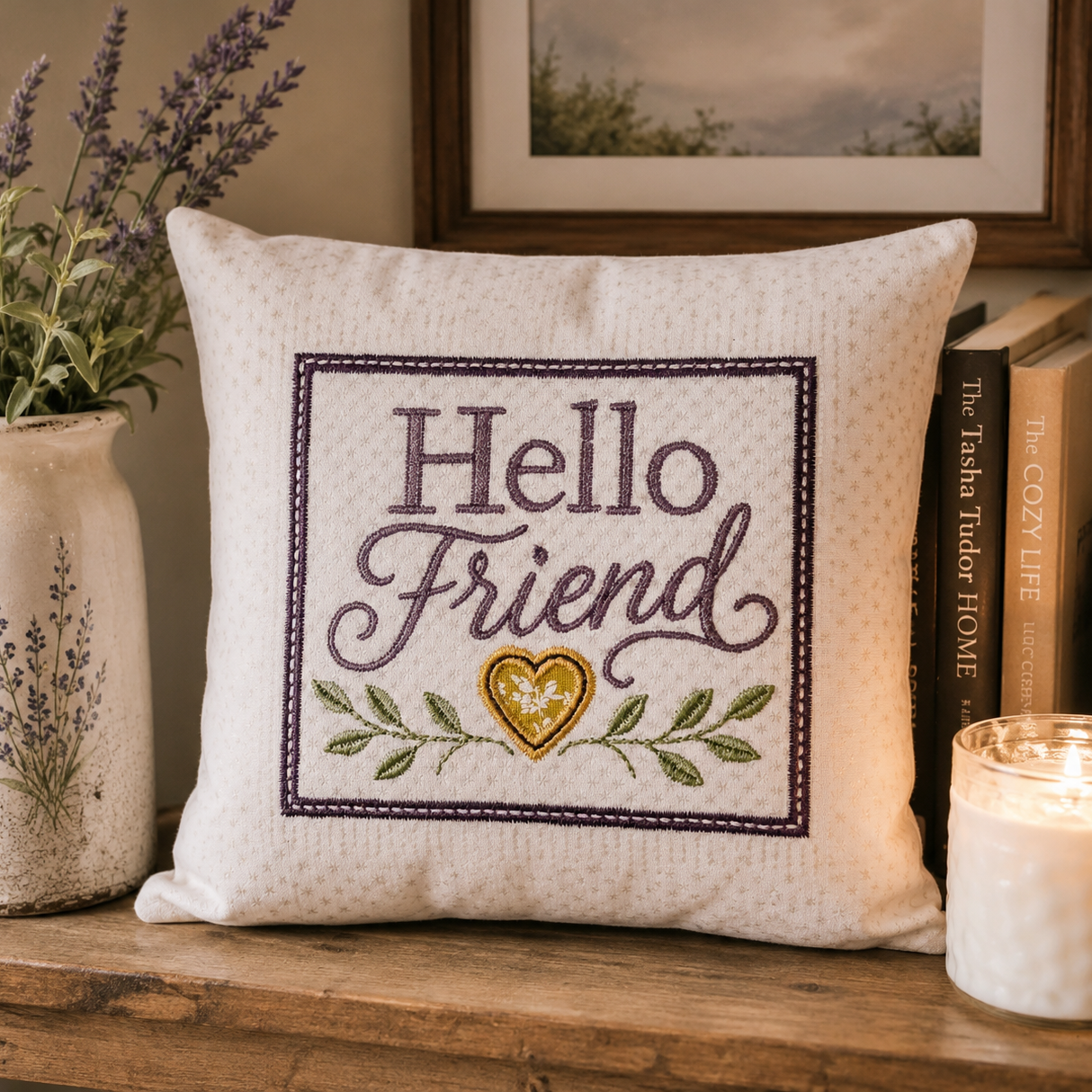 A square decorative throw pillow with 'Hello Friend' embroidered in purple and green, featuring a gold heart, styled on a wooden shelf next to a lavender vase and a lit candle.