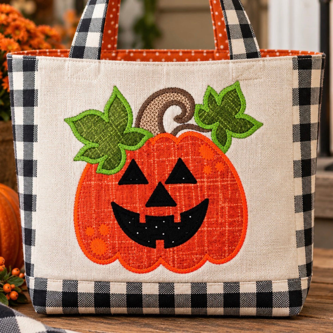 A fabric tote bag with a black-and-white gingham border, orange polka-dot interior, and a large applique jack-o'-lantern on the front. The bag is photographed on a wooden surface with fall decor, including orange pumpkins and flowers, in the background.