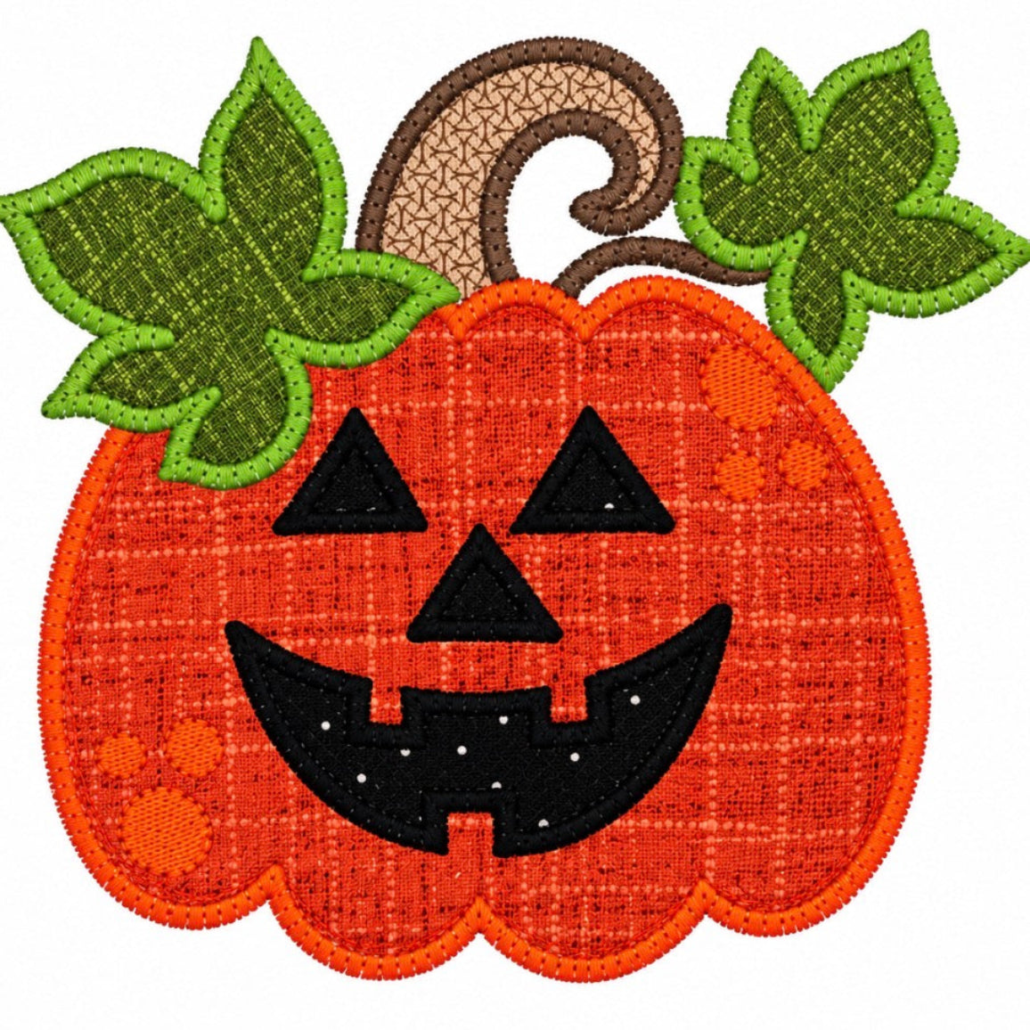 A stylized embroidered jack-o'-lantern patch on a plain white background. The pumpkin is orange with a textured stitched pattern, featuring a black stitched face, green leaves, and a brown stem.