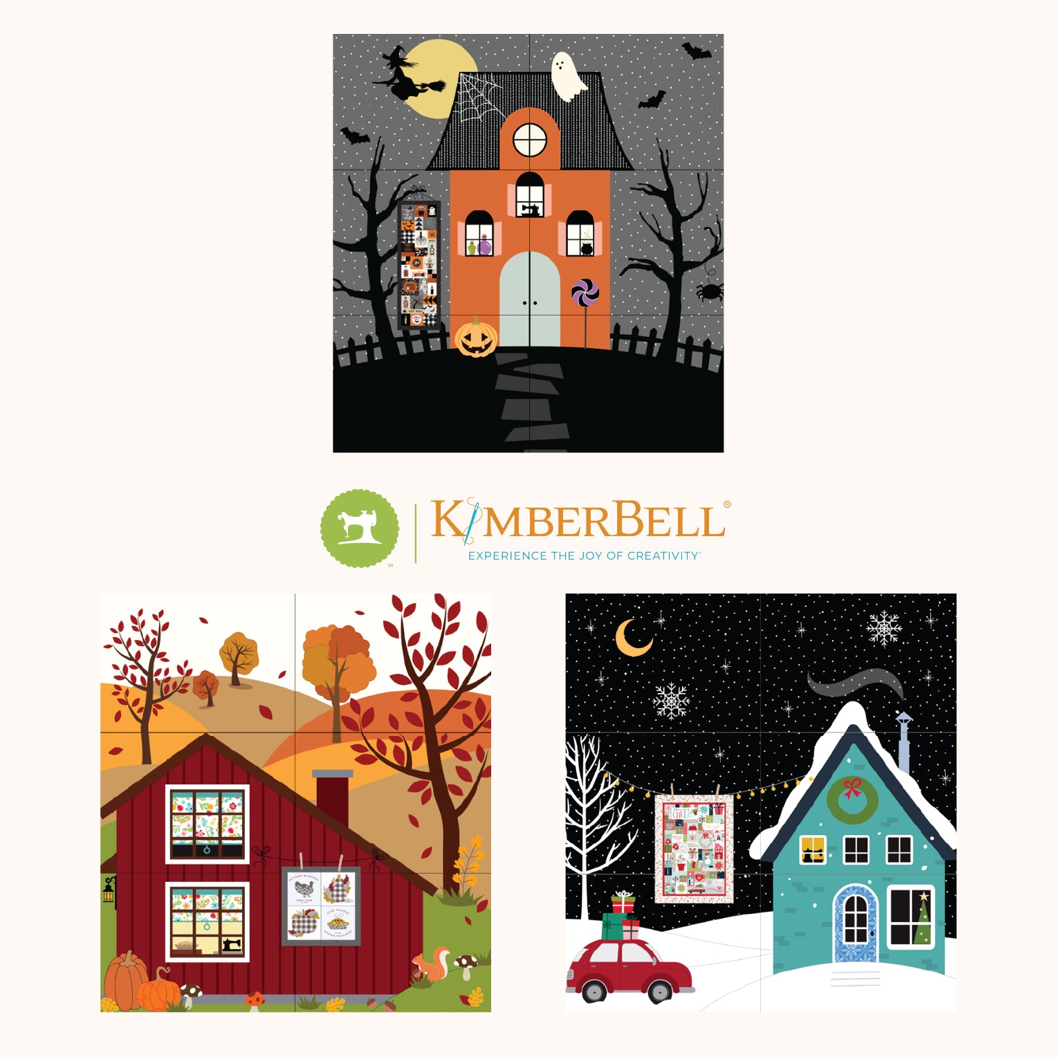 Four seasonal-themed card designs with houses and trees, featuring KØmberBell branding.