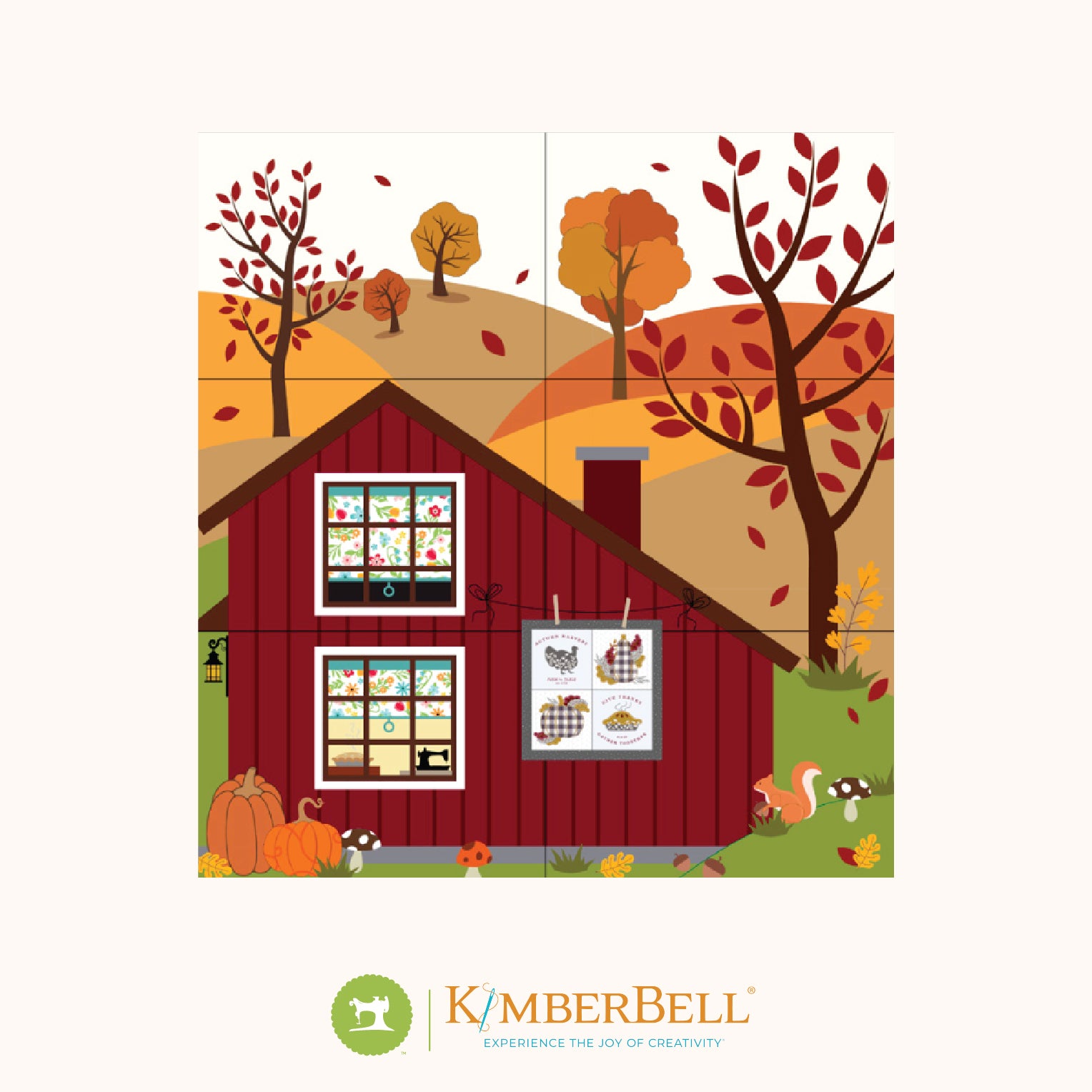 Illustration of a red barn with autumn elements and Kimberbell logo.