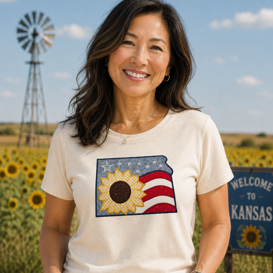 Woman wearing a t-shirt with a sunflower and American flag design, standing in a sunflower field with a windmill and 'Welcome to Kansas' sign in the background.