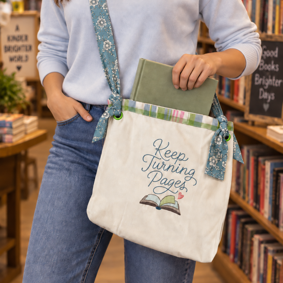 A woman in a bookstore wearing a cream canvas crossbody tote bag with a blue floral strap and 'Keep Turning Pages' embroidery, holding a green book.