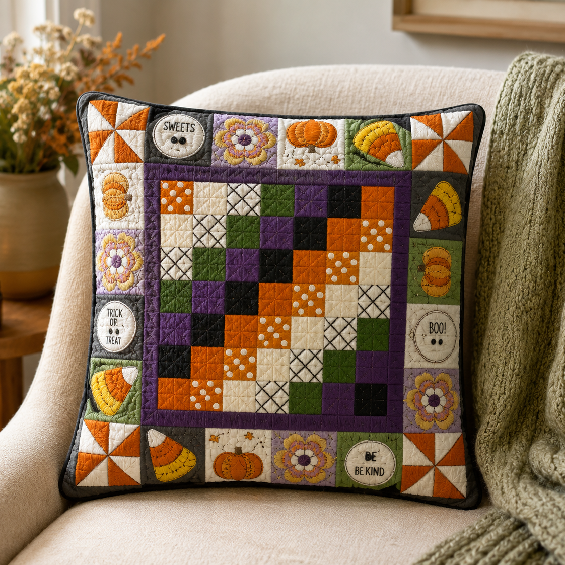 A square decorative throw pillow with a colorful autumn patchwork design, styled on a beige armchair next to a green knit blanket.