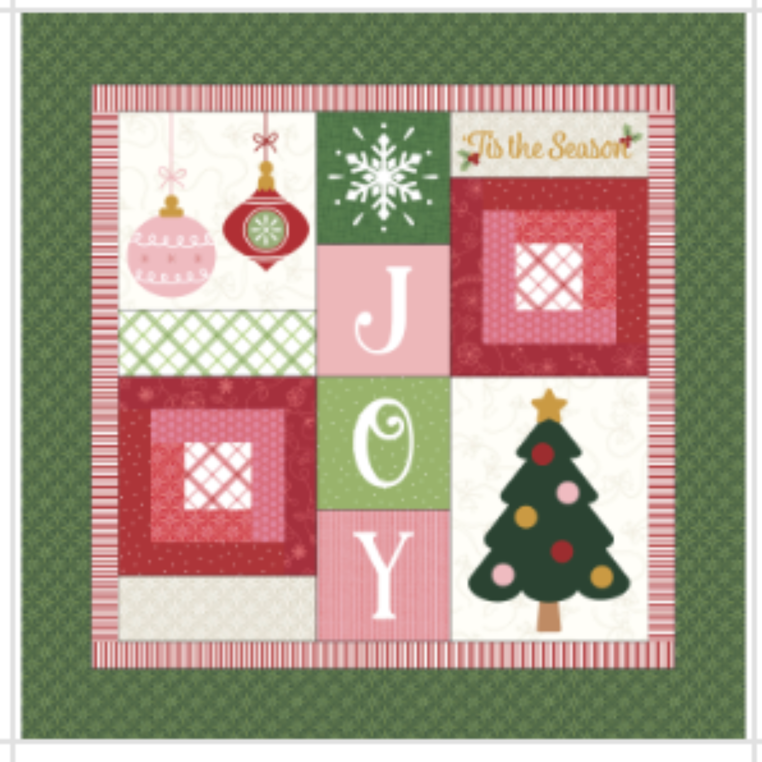 Christmas-themed patchwork design with 'JOY' and tree on a green background
