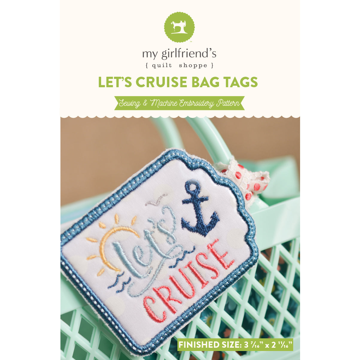 Embroidery pattern packaging for 'Let's Cruise' bag tags with an anchor and sun design.