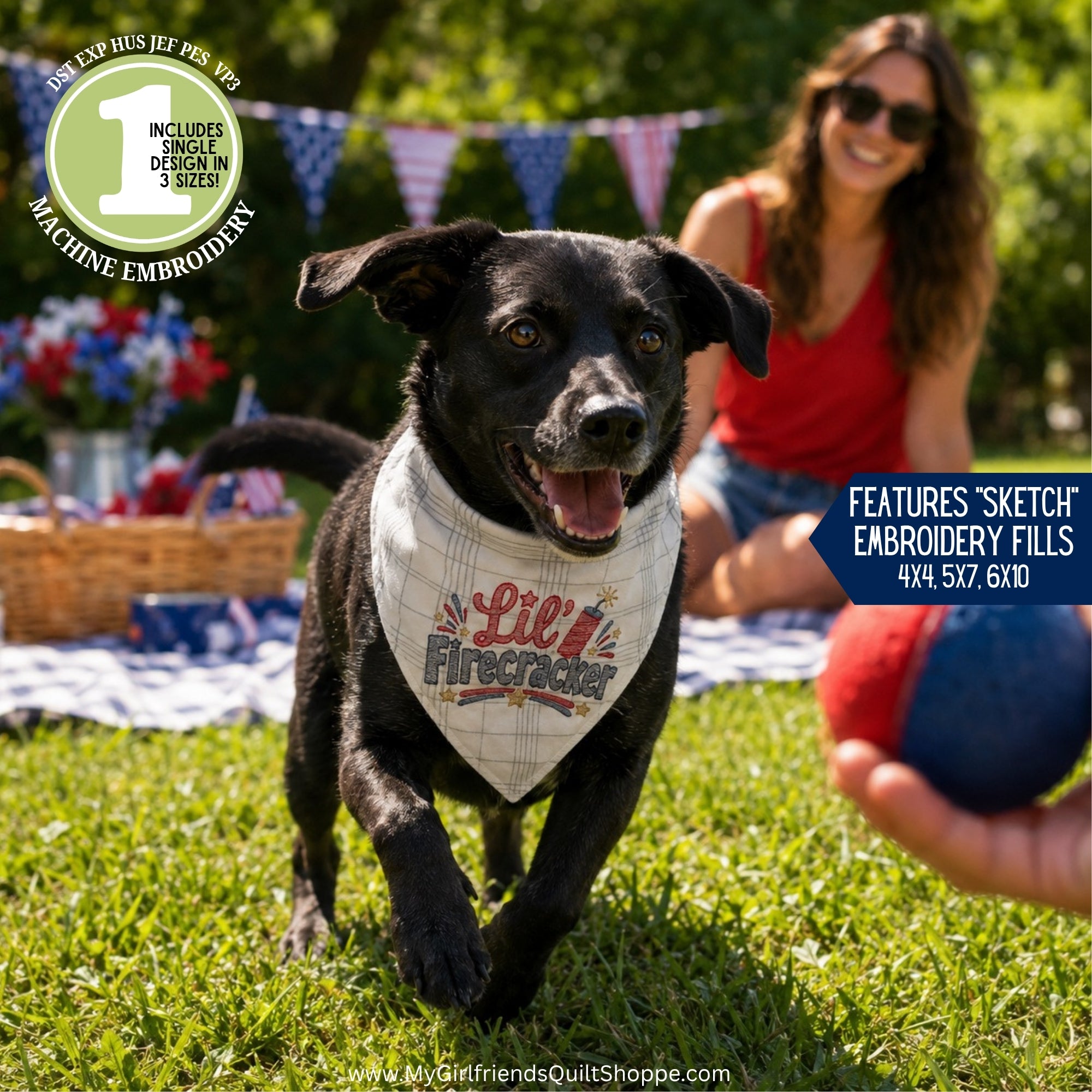 A black dog wearing a white plaid bandana with 'Lil' Firefighter' embroidered on it, running on a grassy lawn outdoors. A woman is sitting in the background, and a blue ball is visible in the foreground.