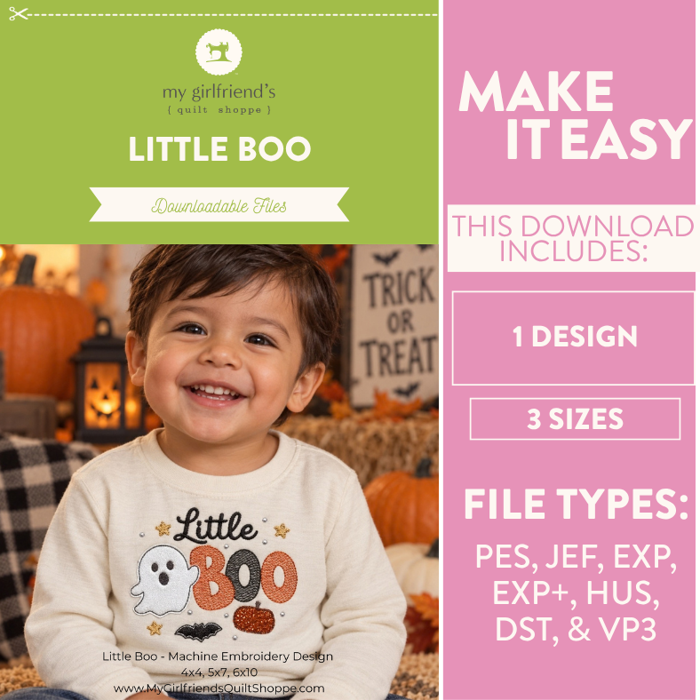 Promotional graphic for a downloadable machine embroidery design featuring a smiling child in a white shirt with a ghost and 'BOO' design, alongside text reading 'LITTLE BOO' and 'MAKE IT EASY' with file type and size details.