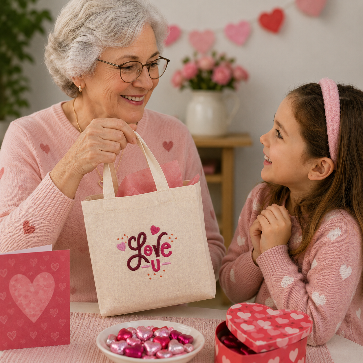 An older woman and a young girl wearing pink heart-patterned sweaters sit together at a table, smiling as the woman holds up a cream canvas tote bag with 'Love' written on it in pink and purple script. The table is decorated with pink Valentine's Day cards, a bowl of pink and red heart-shaped candies, and a red heart-patterned gift box.