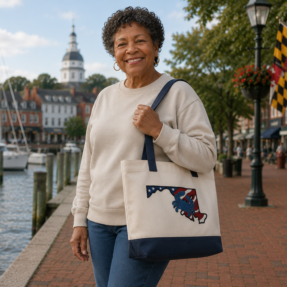 Woman holding a tote bag with a Maryland design by a waterfront with buildings and flags in the background.