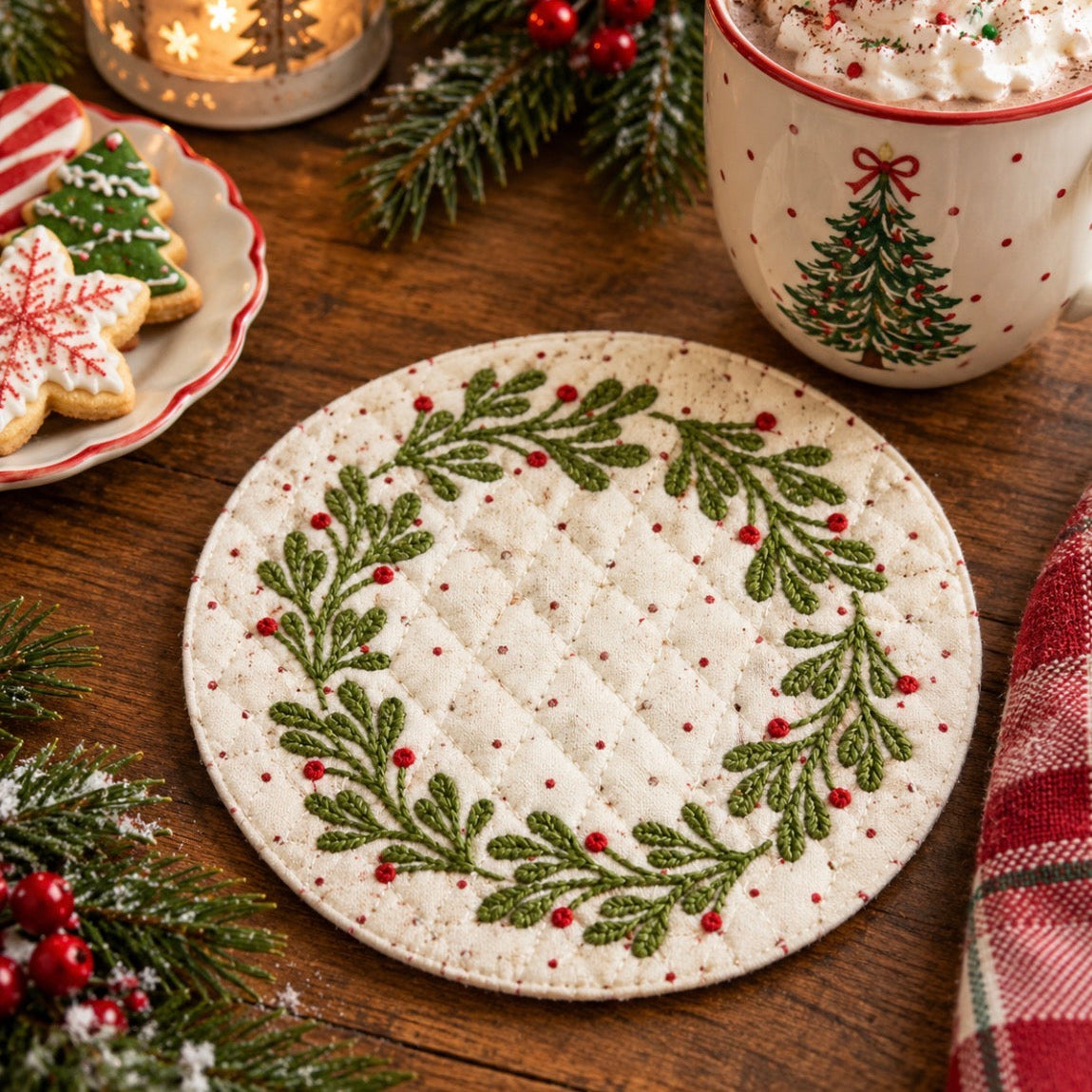 A round quilted coaster with a green holly wreath and red berries on a cream background, styled on a wooden table with holiday decorations, a mug, and cookies.