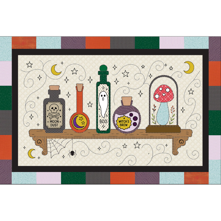 A square Halloween-themed decorative print or textile design featuring four illustrated bottles and a mushroom under glass on a shelf, surrounded by stars, moons, cobwebs, and swirls. The central artwork sits on a multicolored checkered border.