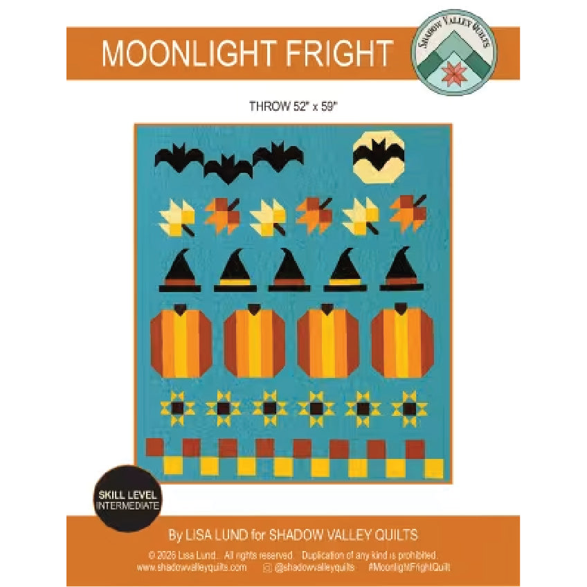 A quilting pattern cover for 'Moonlight Fright' by Lisa Lund for Shadow Valley Quilts, featuring a colorful geometric design of bats, pumpkins, leaves, and witch hats on a teal background.