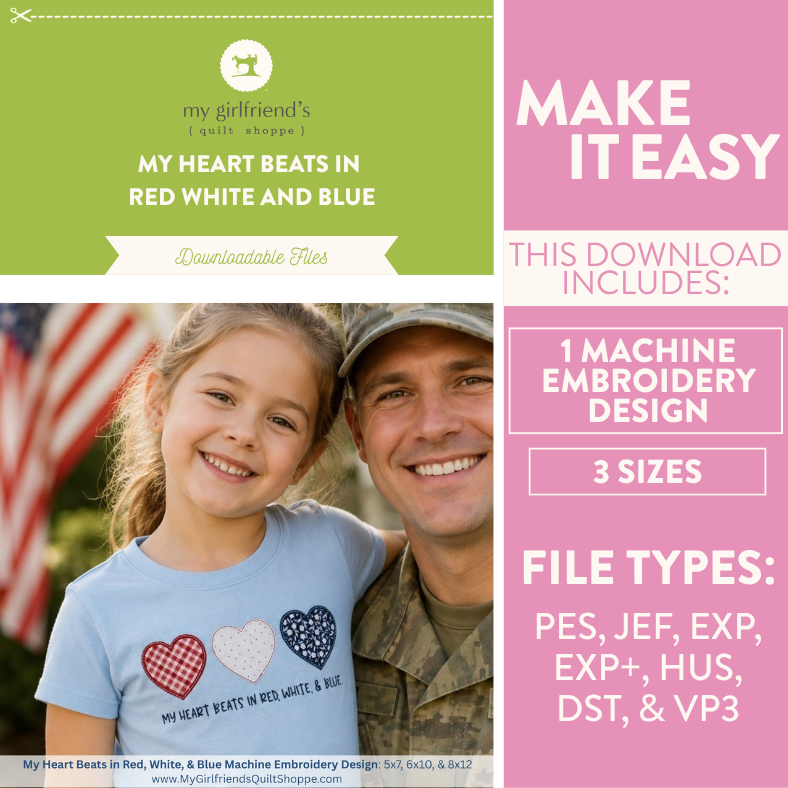 Product packaging for a machine embroidery design featuring a man and a child with an American flag in the background.