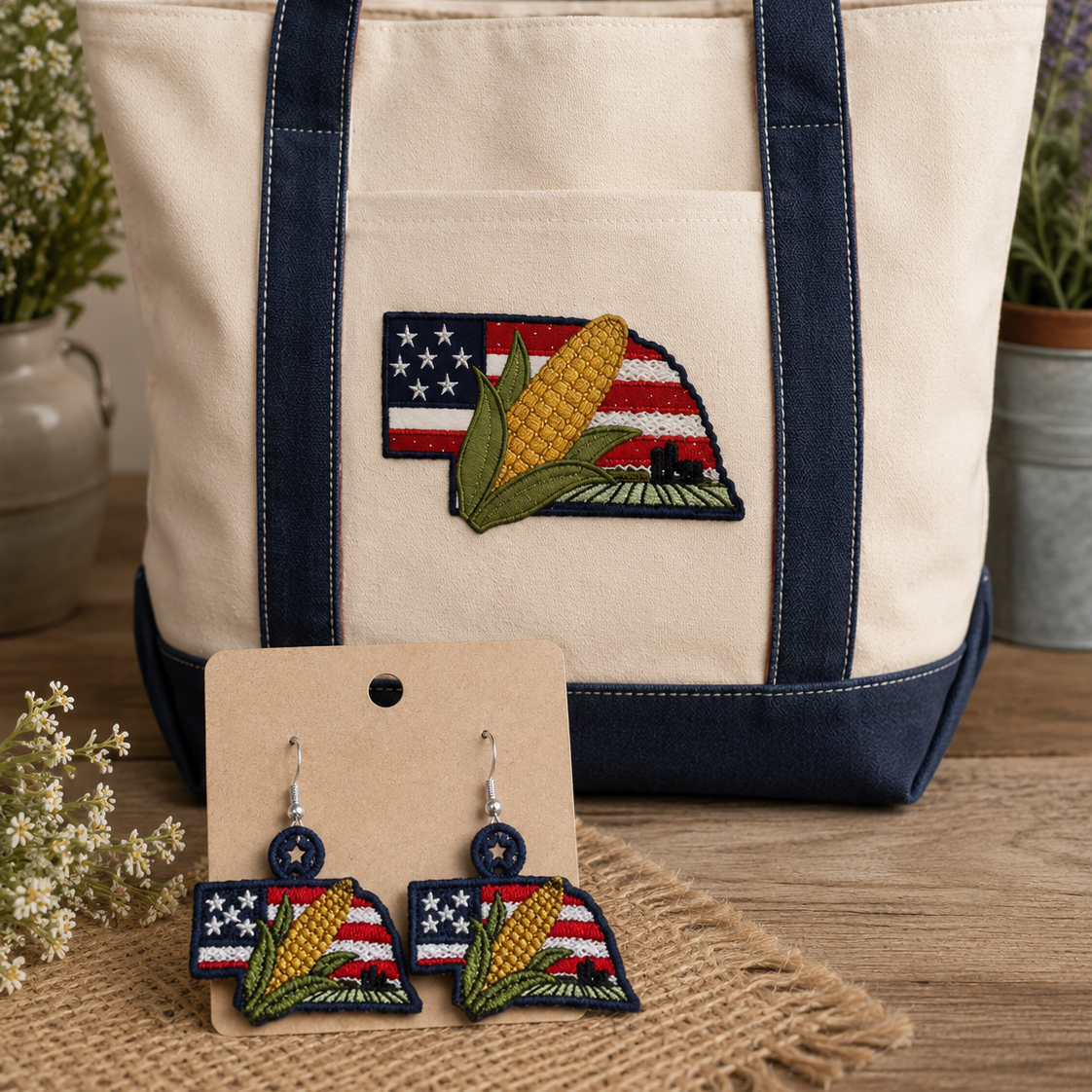 Tote bag with embroidered design, earrings on a card, and plants in the background