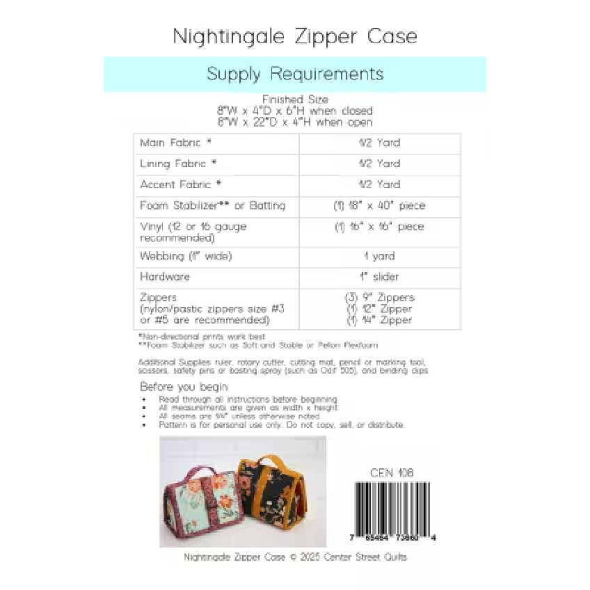 A white sheet with printed supply requirements and measurements for a Nightingale zipper case, including fabric yardage, foam stabilizer, wabbing, hardware, zipper types, and a small product photo. This is an informational sheet rather than a direct product photo.