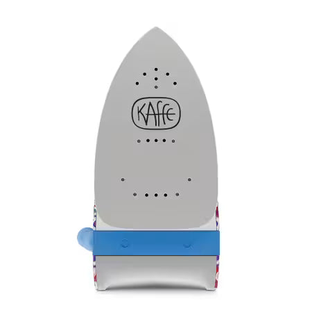 Gray iron with a blue handle on a white background, featuring the Kaffe brand.