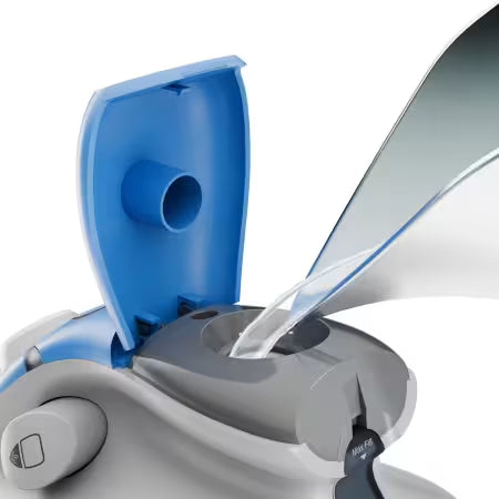 Close-up of a medical device with a blue and gray design on a white background