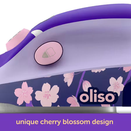 Purple oliso iron with cherry blossom design on a white background
