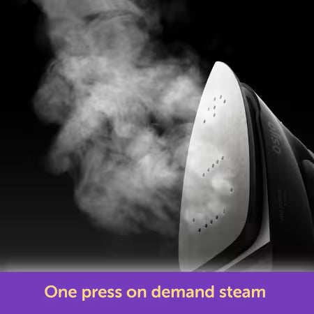 Steam iron with steam rising against a dark background, featuring the brand 'Dreco'.