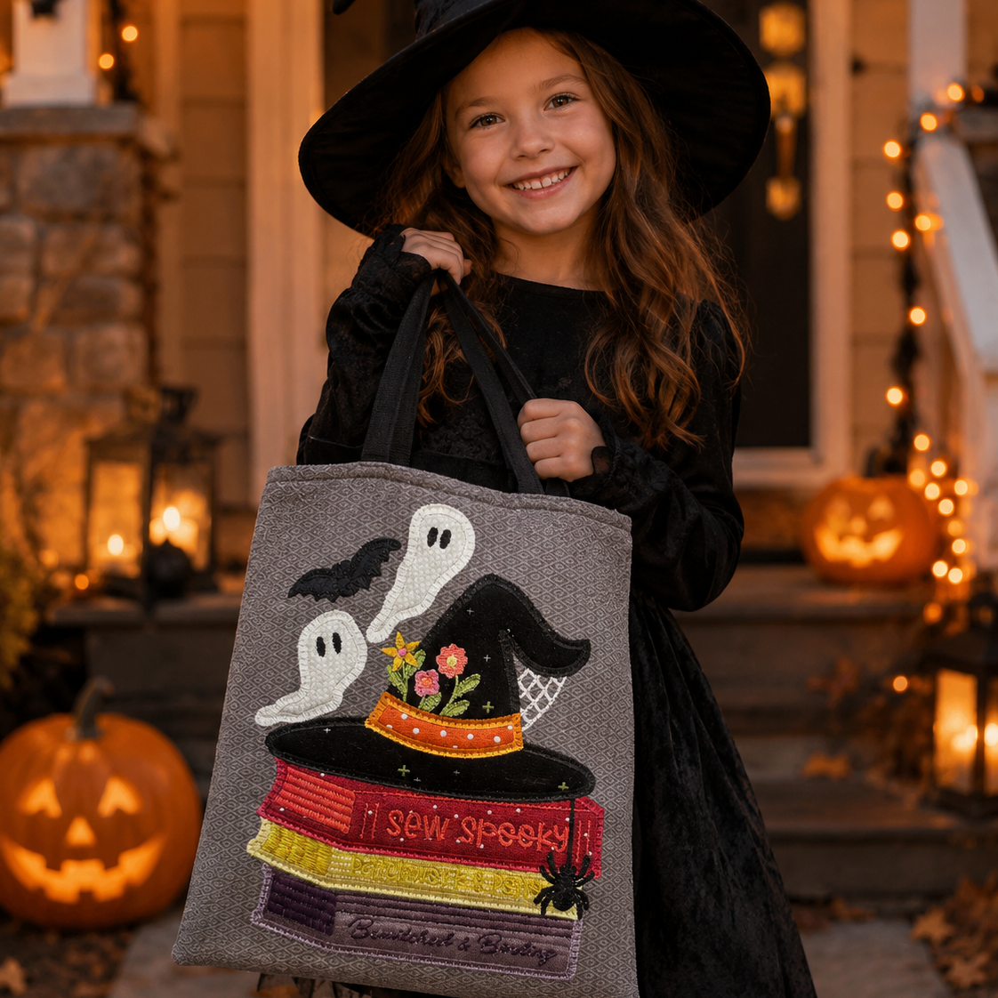 A young girl in a black witch costume and hat holds a gray fabric tote bag decorated with embroidered ghosts, a witch hat, books, and autumn leaves, standing in front of a warmly lit Halloween house porch with pumpkins.