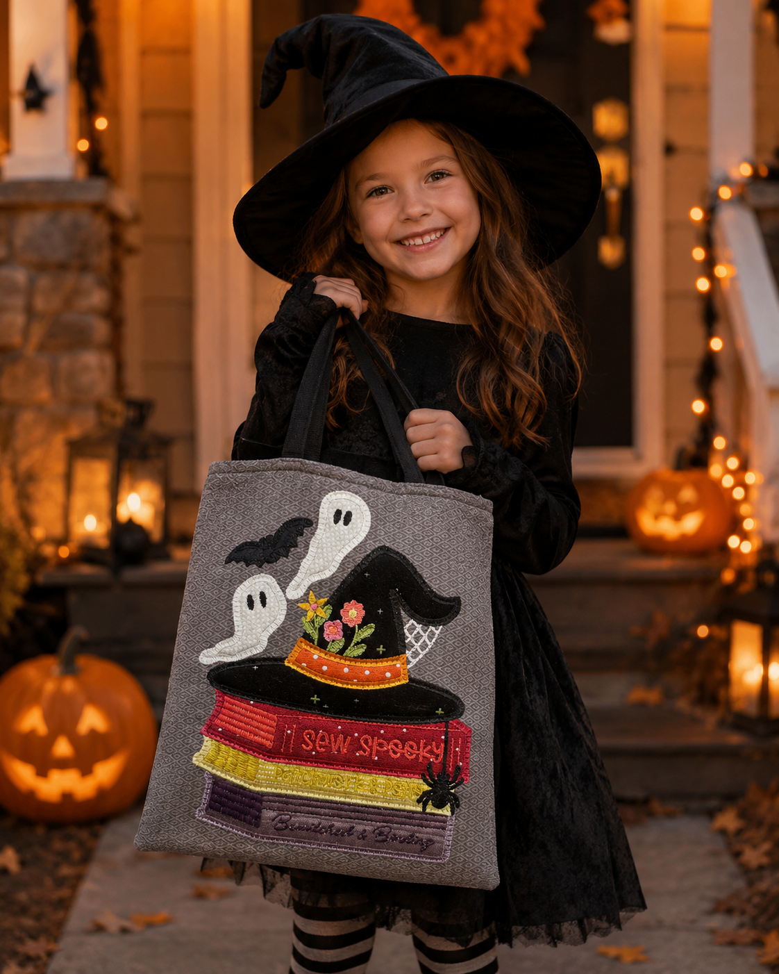 A young girl in a black witch costume and hat holds a gray fabric tote bag decorated with embroidered ghosts, a witch hat, books, and autumn leaves, standing in front of a warmly lit Halloween house porch with pumpkins.