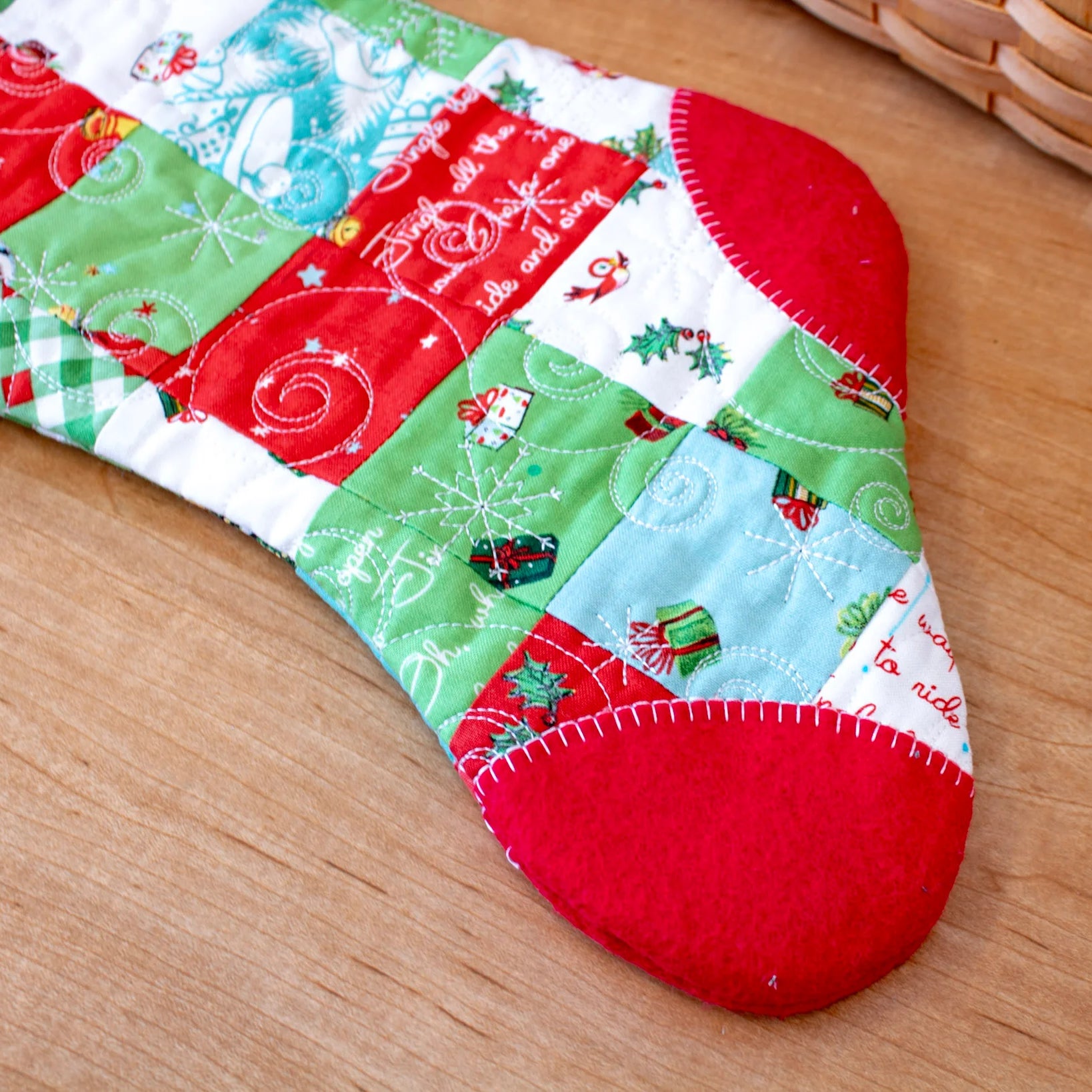 Patchwork Christmas Stocking-Jingle Bells close up