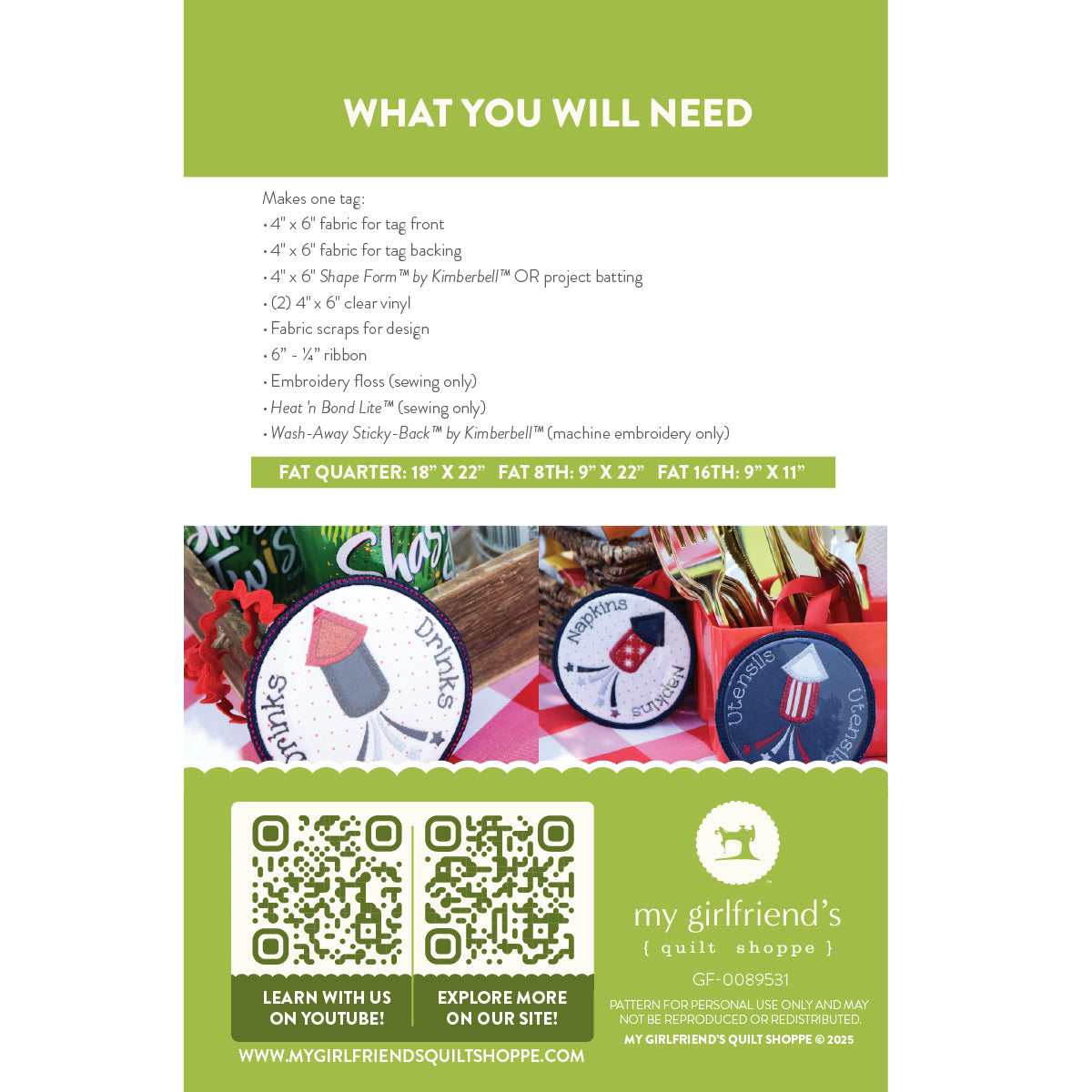 Instructions for making a tag with fabric and other materials, featuring a QR code and branding at the bottom.