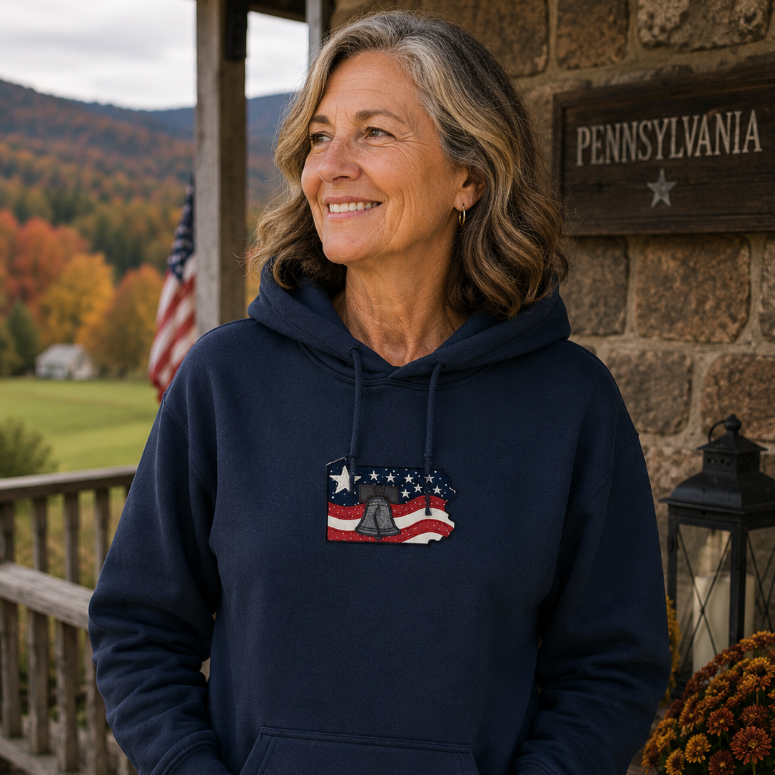 Woman wearing a navy hoodie with a logo, standing outdoors with a scenic background.