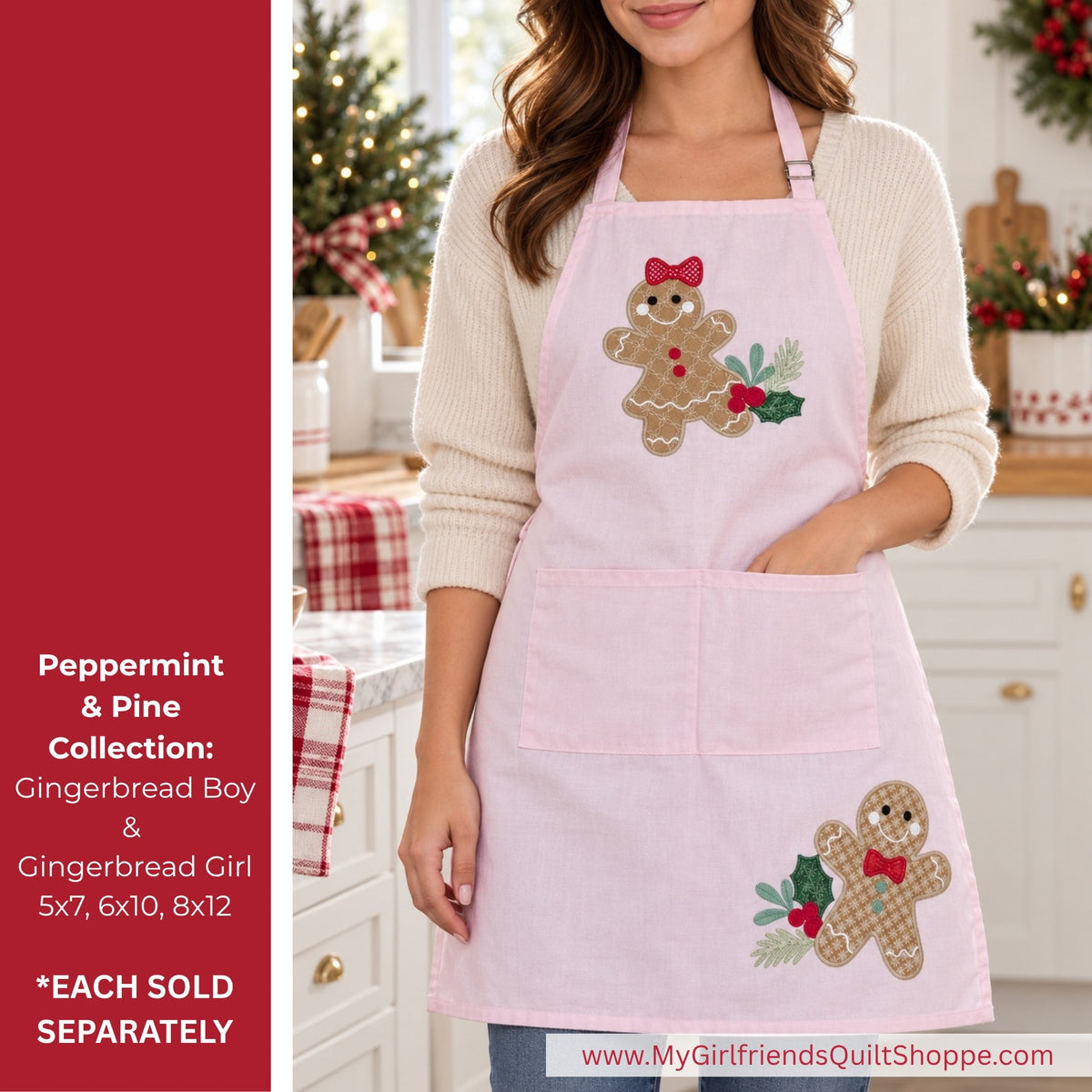 A woman wearing a light pink holiday apron with gingerbread boy and gingerbread girl appliques, standing in a decorated kitchen. A red text panel on the left lists the Peppermint & Pine Collection details.