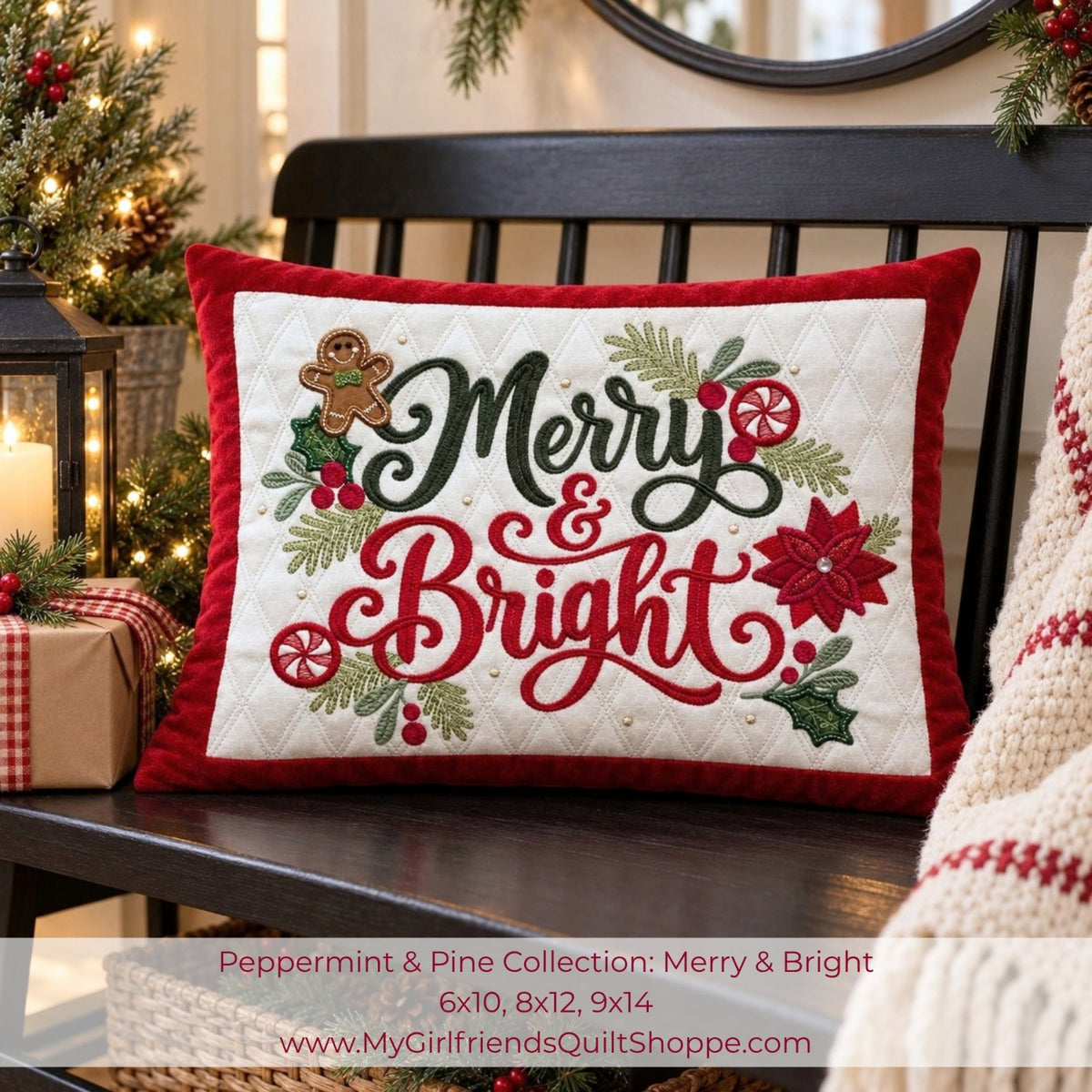 A Christmas throw pillow with a red velvet border and a white quilted center featuring the embroidered text 'Merry & Bright' in black and red, surrounded by holly, pinecones, and a gingerbread man, displayed on a dark wooden bench.