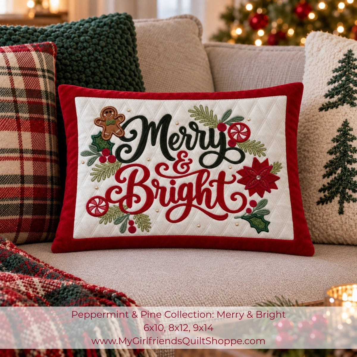 A rectangular quilted throw pillow with a red border and a white center panel featuring the words “Merry & Bright” in black and red script, surrounded by holiday embroidery including a gingerbread man, poinsettia, holly, and pinecones. The pillow is styled on a beige couch with other holiday pillows in the background.
