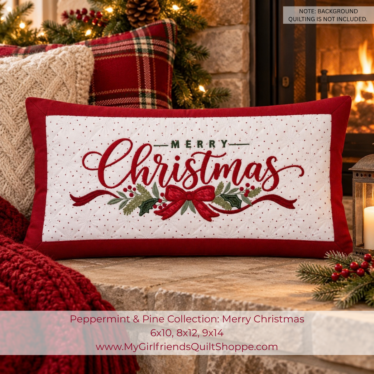 A rectangular Christmas throw pillow with a red border and a white center panel printed with 'Merry Christmas' in red script, green holly leaves, and red berries. The pillow is styled in a cozy holiday setting with a fireplace, pine branches, and red knit blankets.