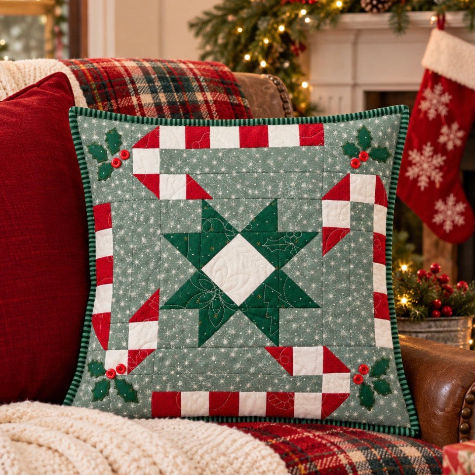 A square quilted throw pillow with a Christmas star design, styled on a red couch in a cozy holiday living room setting with stockings, a fireplace, and a lantern.