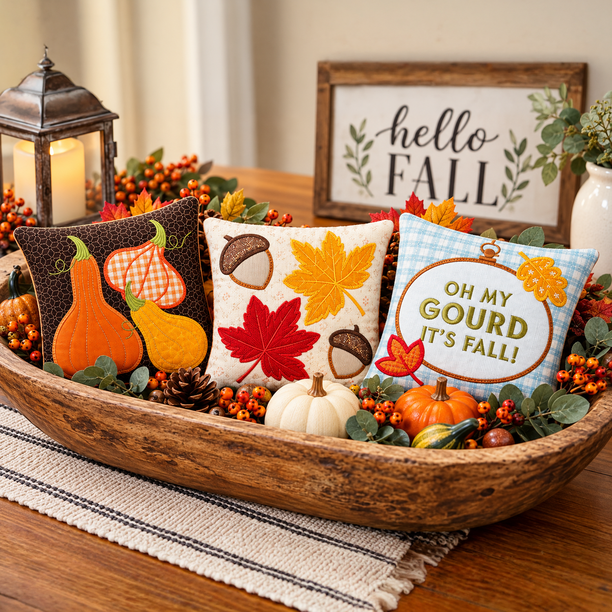 Three decorative autumn throw pillows arranged in a wooden bowl centerpiece on a table, surrounded by fall leaves, pinecones, berries, a lantern, and a framed 'hello FALL' sign in the background.