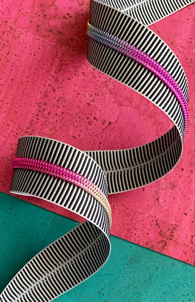 Zipper Tape- Black Stripe with Rainbow