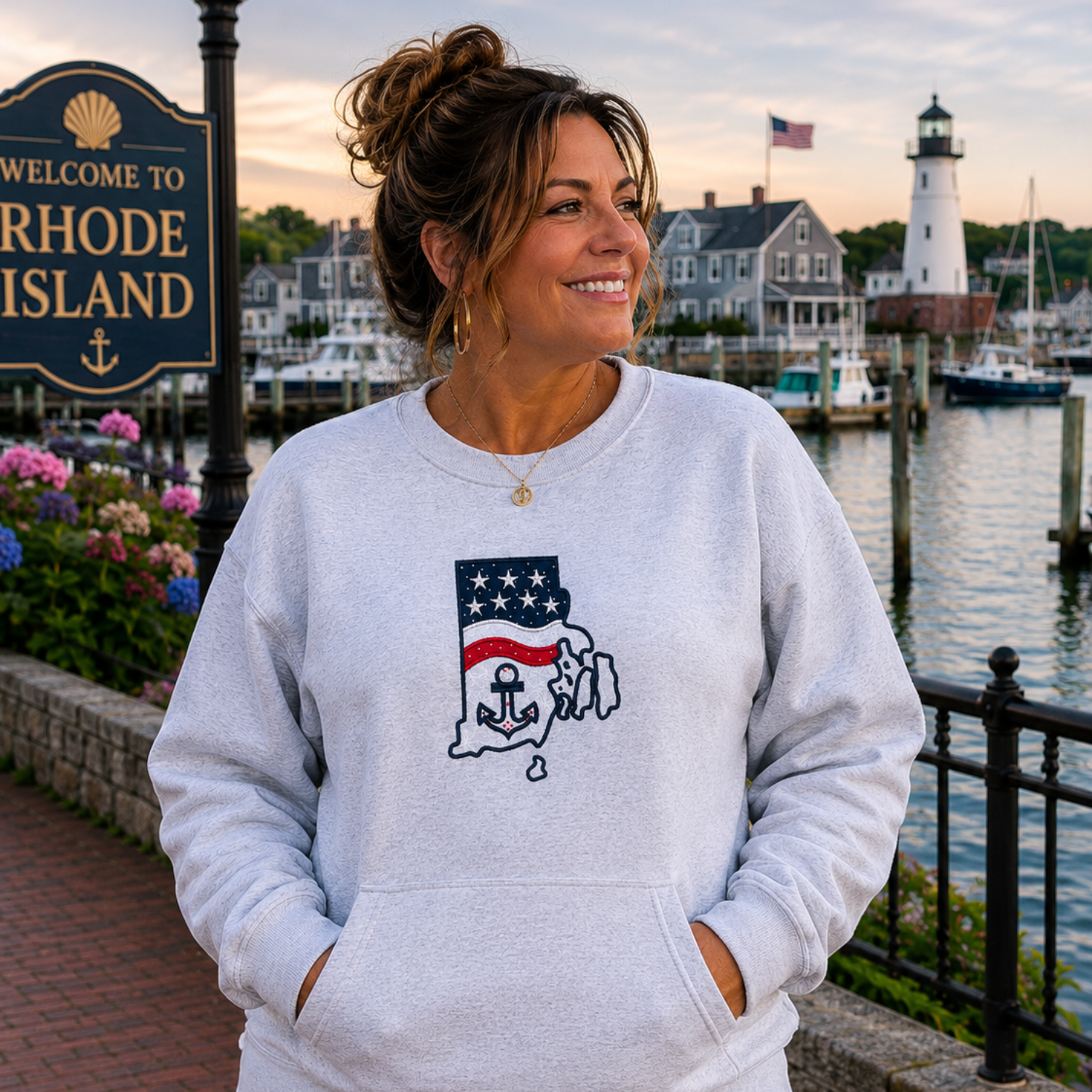 Woman wearing a gray sweatshirt with a graphic design, standing in front of a lighthouse and 'Welcome to Rhode Island' sign.