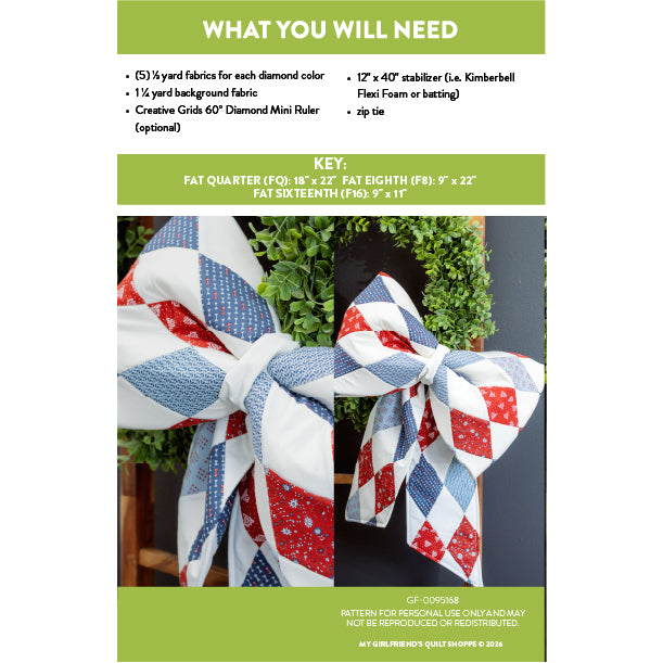 Fabric bow-making instructions with fabric swatches and materials list.