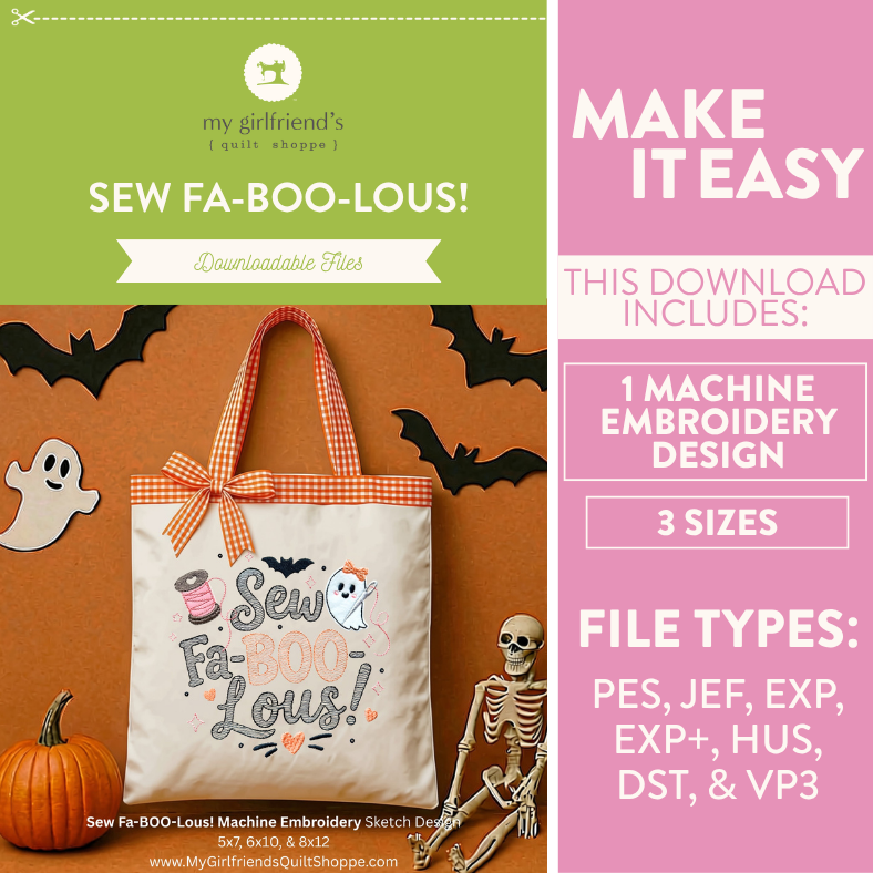 Promotional graphic for a downloadable embroidery design file titled 'Sew FA-BOO-LOUS!'. The left side shows a canvas tote bag with orange gingham handles and a printed Halloween-themed design, while the right side lists included file types and sizes on a pink background.