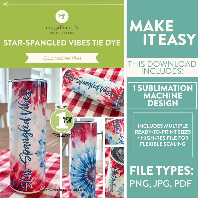 Promotional graphic for 'Star-Spangled Vibes Tie Dye' design download with tumbler and can images.