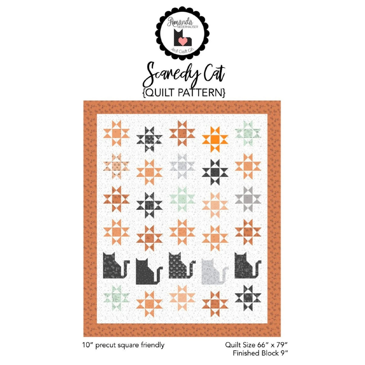 A quilt pattern cover for 'Scaredy Cat' by Penfield Quilt Company, showing a white quilt with orange, gray, and black starburst and cat motifs, framed by an orange border on a white background.