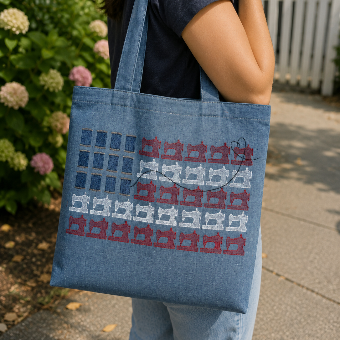Person holding a blue tote bag with geometric pattern outdoors