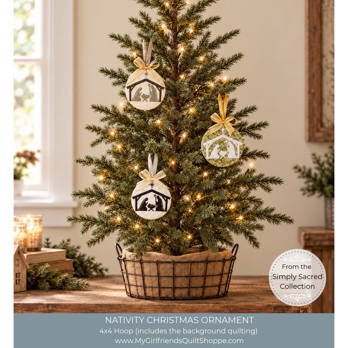 Three round wooden nativity ornament hoops with white and black silhouettes hang on a decorated Christmas tree with warm white lights in a wire basket. The photo is taken in a cozy indoor setting, with a 'From the Simply Sacred Collection' badge on the right and product text at the bottom.