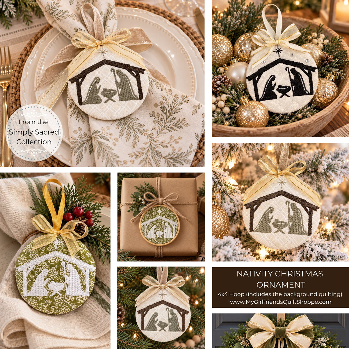 A collage showing multiple decorated oval Christmas ornaments with nativity scene cutouts, styled on plates, wrapped in kraft paper, and hanging in festive settings. Text on the image reads 'From the Simply Sacred Collection' and 'Nativity Christmas Ornament,' with a website URL at the bottom.