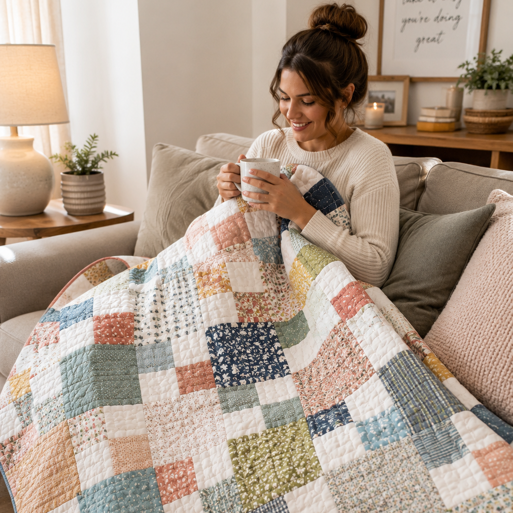 A woman sits on a couch in a cozy living room, wrapped in a large patchwork quilted throw blanket with pastel and earthy tones. She holds a white mug, and the quilt features square patches in blue, beige, green, pink, and yellow.